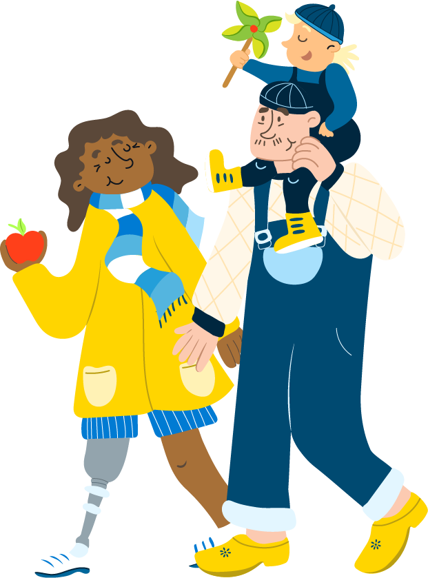 Een stel wandelt vrolijk samen. Hun kind zit op de schouders van de vader en houdt een windmolentje vast. De moeder, die een beenprothese heeft, eet een appel en kijkt glimlachend naar haar gezin.