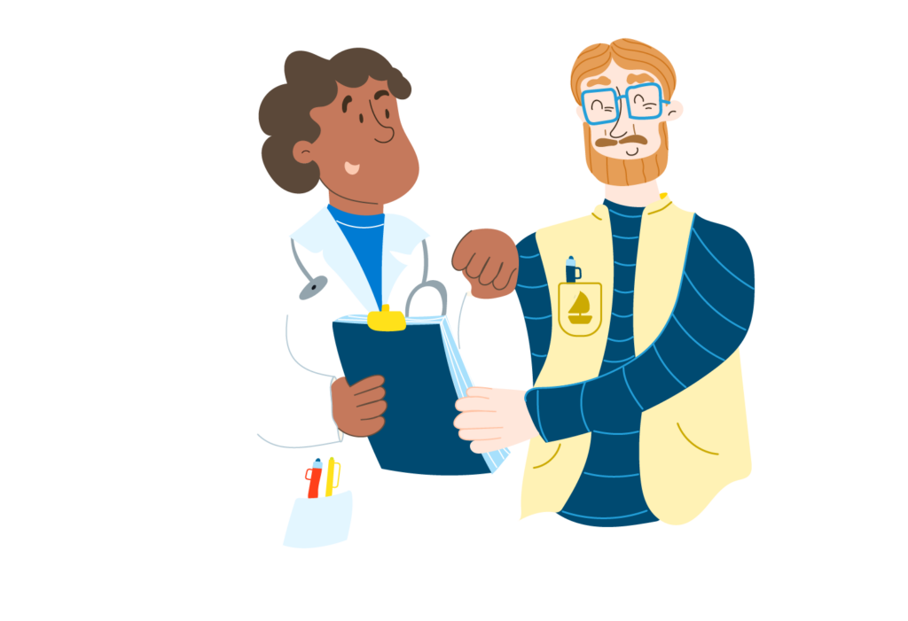 Ein Mann mittleren Alters schaut sich gemeinsam mit einer &Auml;rztin seine &auml;rztliche Unterlagen an. Die Gesichter der beiden sind zu einem L&auml;cheln verzogen.