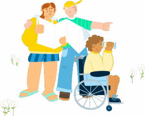 Eine junge Frau und ein junger Mann stehen hinter einem Menschen im Rollstuhl. Der Mann zeigt in eine Richtung, in die auch der Rollfahrer mit einem Fernglas schaut, w&auml;hrend die Frau einen Blick auf eine Landkarte wirft.