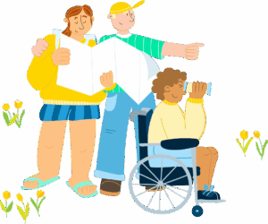 Een jonge vrouw en een jonge man staan achter een persoon in een rolstoel. De man wijst in een bepaalde richting, waarin ook de persoon in de rolstoel met een verrekijker kijkt. De vrouw bekijkt ondertussen een landkaart.